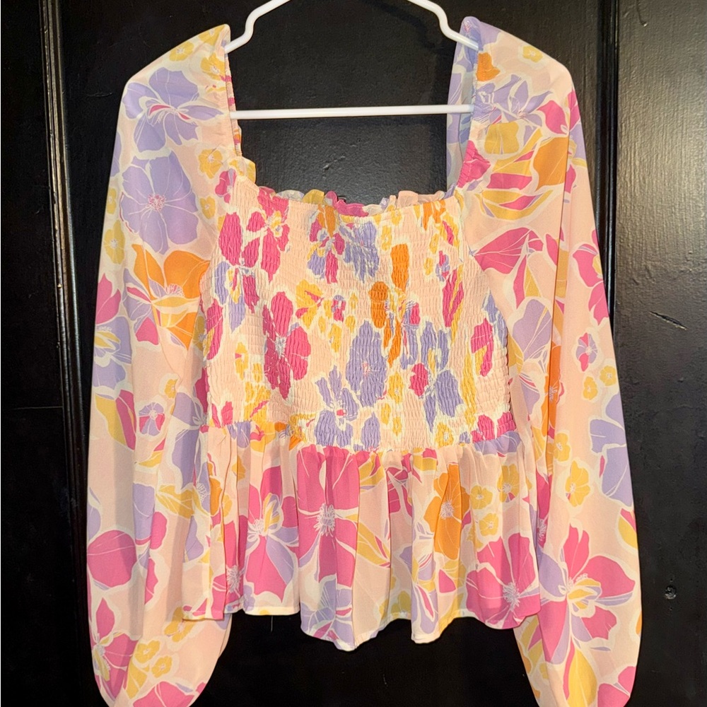 Flying Tomato Pink Multi Floral Smocked Peplum Blouse